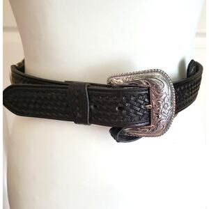 Double S Black Leather Western Belt Embossed Woven Tooled Silver Buckle Size 30